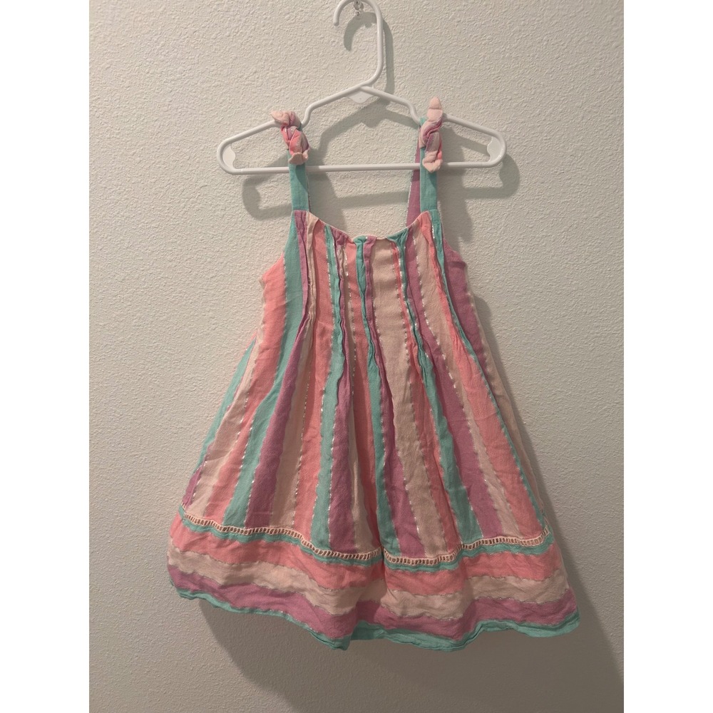 Flapdoodles Girls 4T Striped Sundress‎ Pink Teal Silver Metallic Ruffle Straps